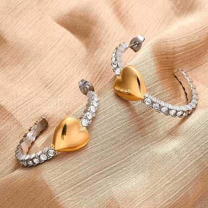 304 Stainless Steel Rhinestone Heart Stud Earrings EJEW-R027-01GP-1