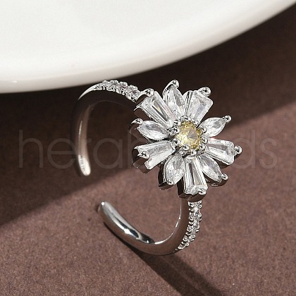 Flower Brass Micro Pave Cubic Zirconia Cuff Rings for Women RJEW-A069-01A-P-1