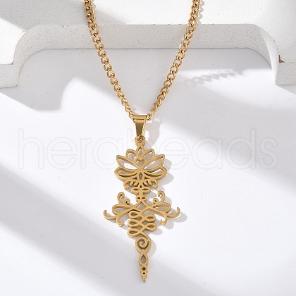 304 Stainless Steel Hollow Cut Yoga Om Lotus Flower Pendant Necklaces NJEW-Z073-02G-06-1