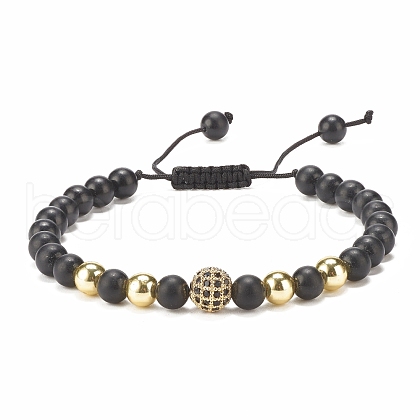 Natural Obsidian & Synthetic Hematite Braided Bead Bracelet with Cubic Zirconia BJEW-JB08117-02-1