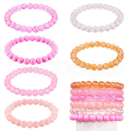 6Pcs 6 Styles 8mm Glass Round Beaded Stretch Bracelet Sets BJEW-TAC0023-1