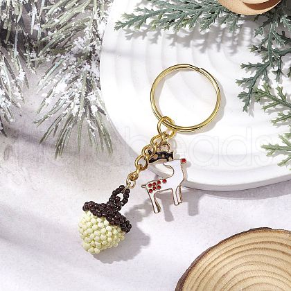Pine Cones and Sika Deer Glass Seed Bead Keychain KEYC-MZ00028-1