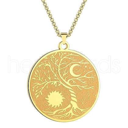 Stainless Steel Viking Moon Sun Tree of Life Flat Round Pendant Box Chain Necklaces PW-WG93B99-02-1