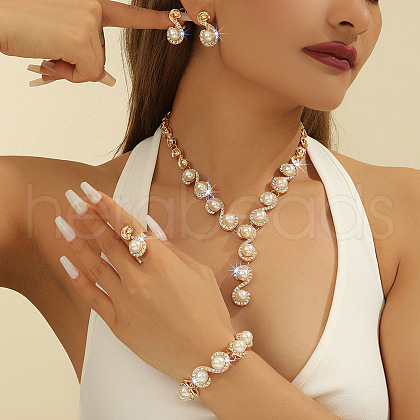 Letter S Alloy & Crystal Rhinestone & Plastic Pearl Chain Necklace & Stud Earring & Link Bracelet & Ring FS-WG52E62-01-1