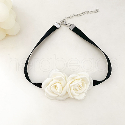 Double 3D Rose Polyester Band Choker Necklaces with Alloy End Chains FS-WG50A3E-02-1