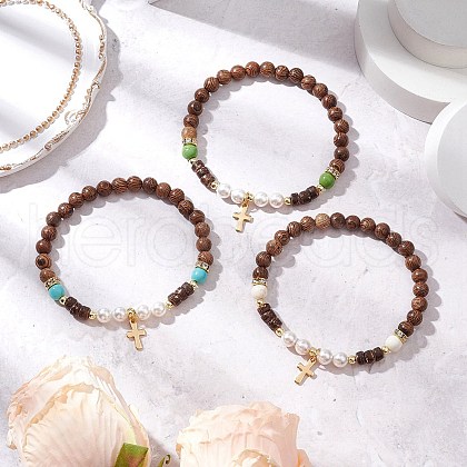 3Pcs 3 Colors 304 Stainless Steel Cross Charm Bracelets BJEW-JB11561-1