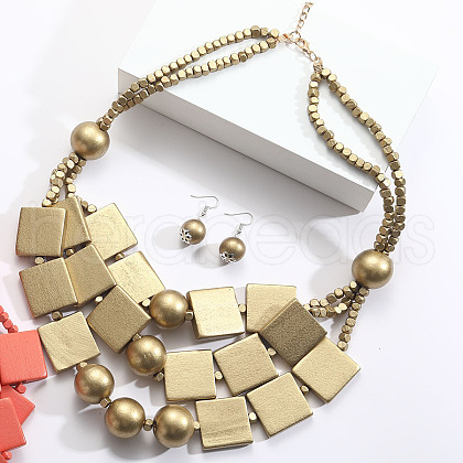 Bohemian Style Wood Square & Round Beaded Multilayer Necklaces & Dangle Earrings Sets FS-WG2F343-06-1