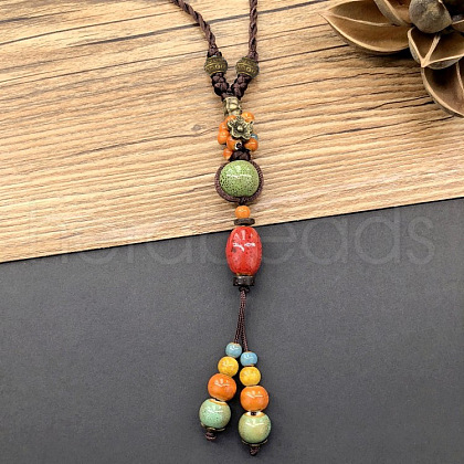 Ethnic Style Flower Alloy & Porcelain Tassel Pendant Long Necklaces for Women FS-WGC9E4C-02-1