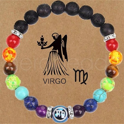 12 Constellations 7 Chakra Natural Lava Rock & Agate & Amethyst & Tiger Eye & Turquoise & Glass Round Beadeed Stretch Bracelets WG33A89-02-1
