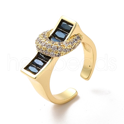 Cubic Zirconia Rectangle with Moon Open Cuff Ring RJEW-C041-06G-01-1