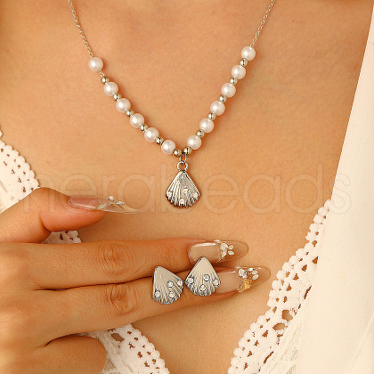 Shell Shape Alloy & Plastic Pearl & Crystal Rhinestone Pendant Necklace & Stud Dangle Earring FS-WG40A88-01-1