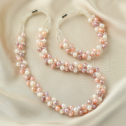 Brass with Natural Freshwater Pearl Beaded Necklace & Bracelet FS-WG0E56F-02-1