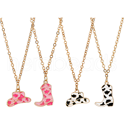FIBLOOM 4Pcs 4 Style Hat & Shoes Enamel Pendant Necklaces Set with Cable Chains NJEW-FI0001-11-1