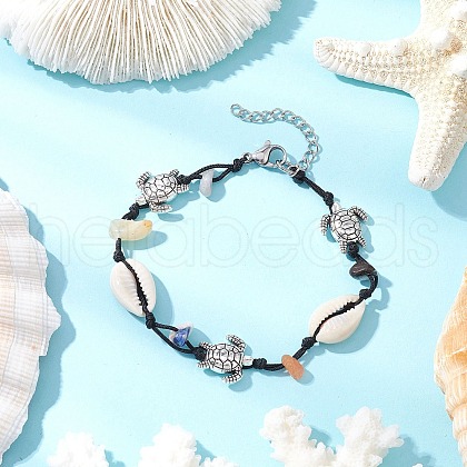 Natural & Synthetic Gemstone Chip Beads & Cowrie Shell Beads Braided Bead Bracelets BJEW-JB11834-01-1