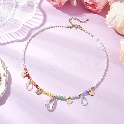 Glass Teardrop & Brass Disc Pendant Necklaces NJEW-JN05191-1