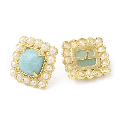 Ion Plating(IP) Natural Amazonite Square Stud Earrings with Plastic Pearl Beaded EJEW-E599-03G-01-1
