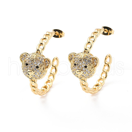 Cubic Zirconia C-shape with Bear Stud Earrings EJEW-C023-10G-1