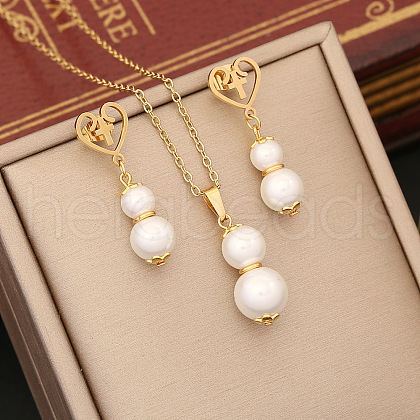 Heart & Gourd Stainless Steel & Plastic Imitation Pearl Pendant Necklace & Stud Dangle Earring FS-WGB6B23-01-1