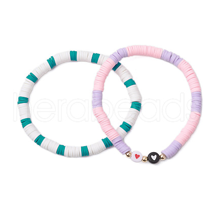 2Pcs 2 Styles Handmade Polymer Clay Beads Stretch Bracelets for Women BJEW-JB11314-1