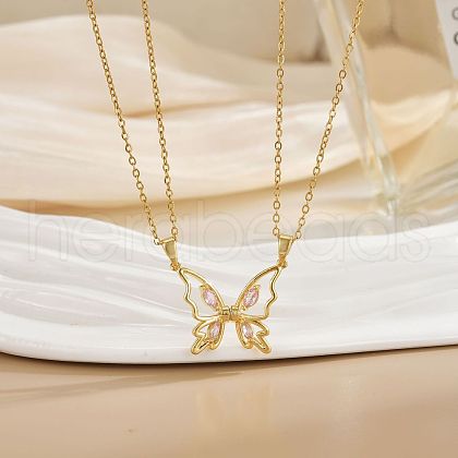 Butterfly Alloy Pave Pearl Pink Cubic Zirconia Pendant Couple Magnetic Necklaces WG623A7-01-1