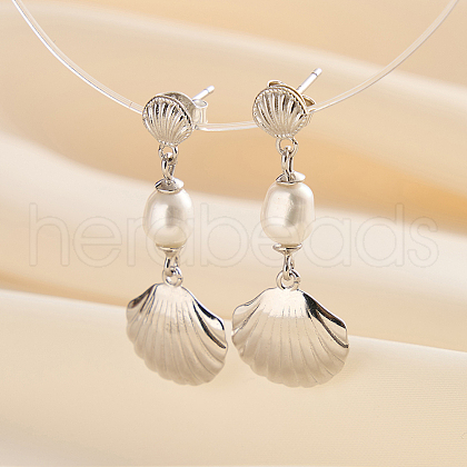 Mother's Day Jewellery S925 Sterling Silver Shell Shape Dangle Stud Earrings EJEW-M096-01P-1