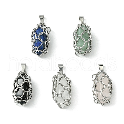 5Pcs 5 Style Natural Mixed Stone Double Terminal Pointed Pendants PALLOY-JF02496-01S-1