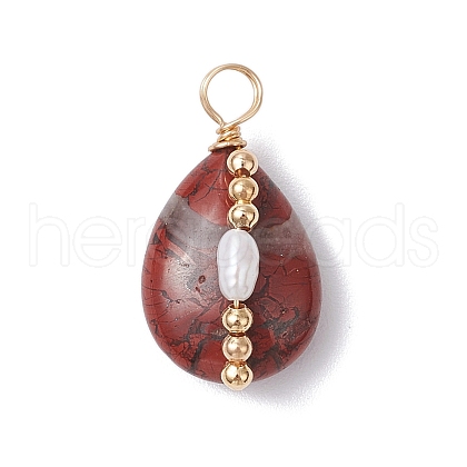 Copper Wire Wrapped Natural Brecciated Jasper & Natural Cultured Freshwater Pearl Beads Pendants PALLOY-JF03645-03-1