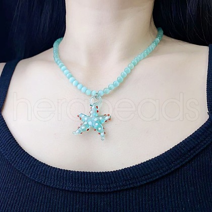 Beach Starfish Glass Pendant Cat Eye Round Beaded Necklaces for Women FS-WG4E63B-01-1