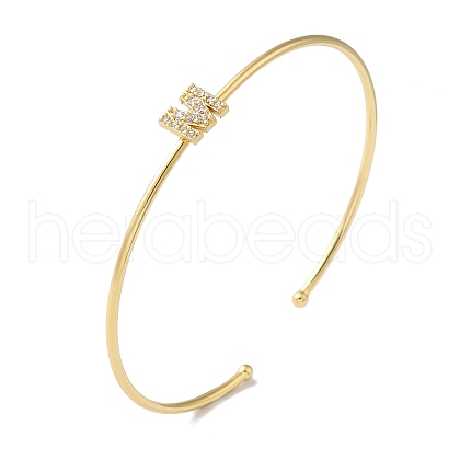 Rack Plating Brass Micro Pave Clear Cubic Zirconia Letter Open Cuff Bangles BJEW-A018-01G-M-1