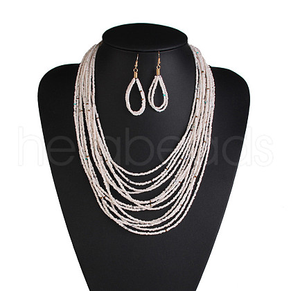 Bohemian Style Glass Seed Beaded Multilayer Necklaces & Teardrop Dangle Earrings Sets WG1B7AB-02-1