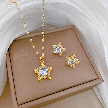 Brass Micro Pave Cubic Zirconia Pendant Necklace & Stud Earrings WG7AC39-91-1
