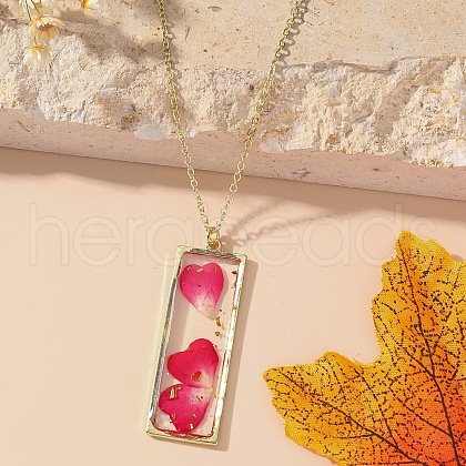 Rectangle with Inner Flower Resin Pendant Iron Cable Chain Necklaces for Women FS-WG0F8F1-10-1