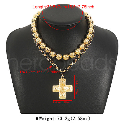 CCB Plastic Round Beaded Iron Alloy Cross Pendant Double Layer Necklaces FS-WGE63DA-03-1