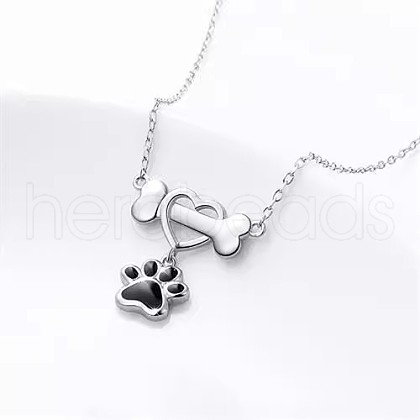 Paw Print & Bone & Heart Alloy Black Enamel Pendant Necklaces for Women FS-WG4E09B-01-1