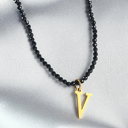 304 Stainless Steel Initial Pendant Black Glass Faceted Round Beaded Pendant Necklaces for Women FS-WGC61DE-22-1