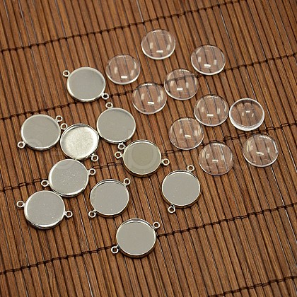 14mm Dome Clear Glass Cover and Platinum Brass Cabochon Connector Setting Sets DIY-X0088-P-NR-1