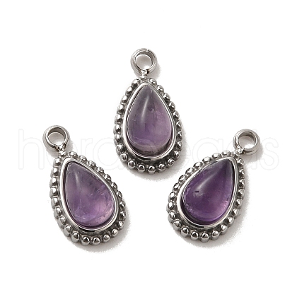 304 Stainless Steel Pave Natural Amethyst Teardrop Charms STAS-B074-04P-04-1
