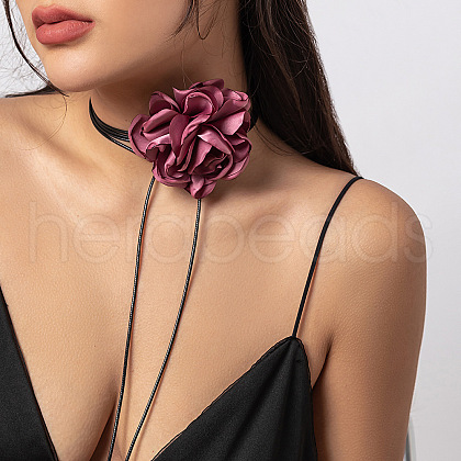Retro Cloth Rose Flower Waxed Cord Wrap Choker Necklaces for Women WG01AE5-11-1