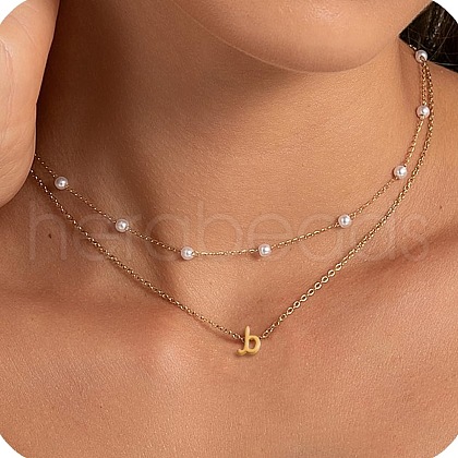 2Pcs 304 Stainless Steel & White Plastic Imitation Pearl Letter Pendant Double Layer Necklaces FS-WG86091-02-1