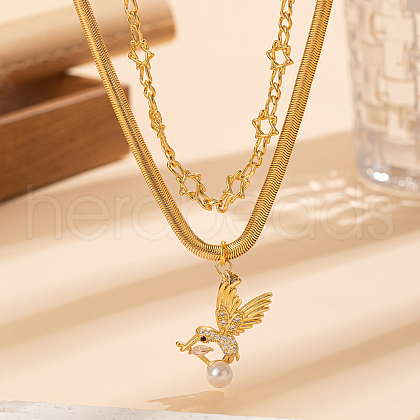 Vintage Stainless Steel & Brass Snake Chain Double-layered Clear Cubic Zirconia Bird Pendant Necklaces IF6891-1