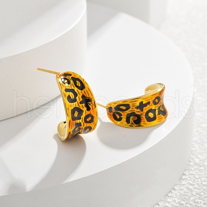 Leopard Print Brass Enamel Stud Earrings for Women EJEW-U055-12D-G-1