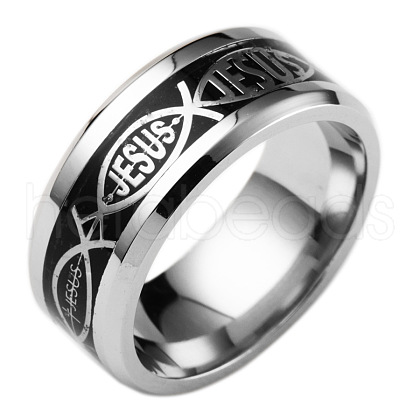 Stainless Steel Jesus Fish with Word Finger Ring EAER-PW0001-170B-02-1