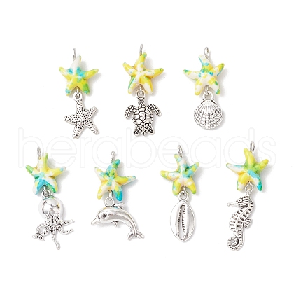 7Pcs 7 Styles Dyed Synthetic Turquoise Starfish & Alloy Sea Animals Pendants PALLOY-JF03754-03-1