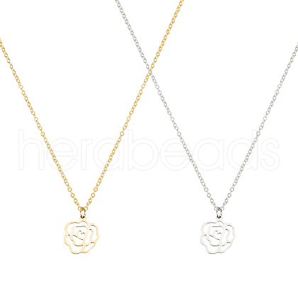 ANATTASOUL 2Pcs 2 Colors 304 Stainless Steel Hollow Rose Pendant Necklaces Set for Women NJEW-AN0001-87-1
