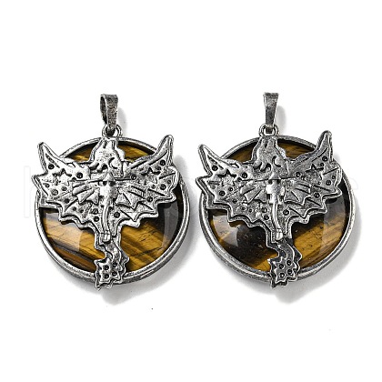 Natural Tiger Eye Flat Round Pendants G-F766-05AS-05-1