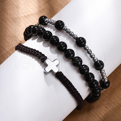 Adjustable Natural Obsidian & Hematite Braided Bead Bracelets BJEW-U035-01A-1