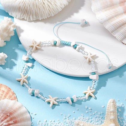 Starfish Synthetic Turquoise & Magnesite & Glass Seed Braided Beaded Adjustable Anklets AJEW-AN00651-1