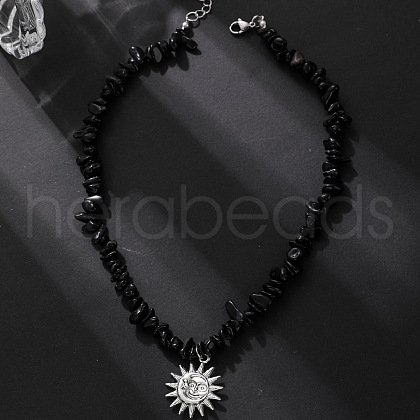 Sun Alloy Pendant Natural Black Stone Chip Baeded Necklaces for Men FS-WG7E301-01-1