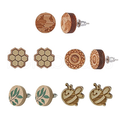 SUNNYCLUE Natural Wood Stud Earrings EJEW-SC0001-22P-1