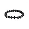 Natural Lava Rock Round & Black Stone Cross Beaded Stretch Bracelets AL9928-3-1